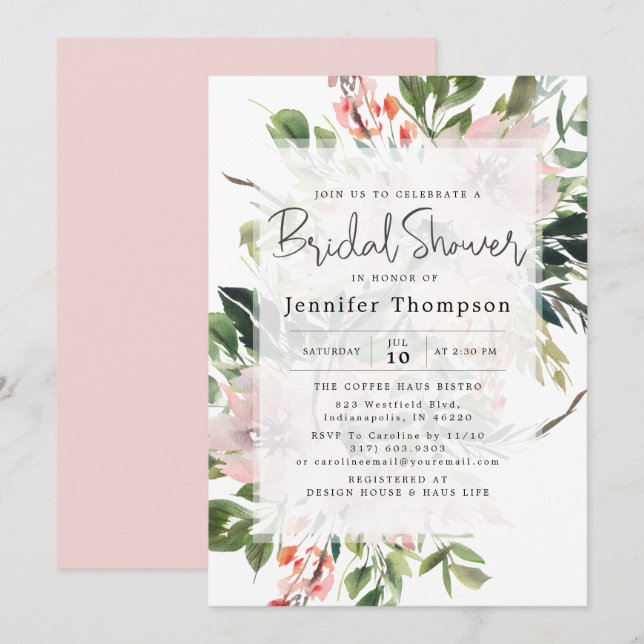 Blush Florals & Greenery Brautparty Einladung (Vorne/Hinten)