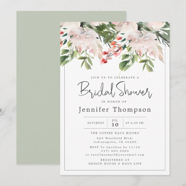Blush Florals & Greenery Brautparty Einladung (Vorne/Hinten)