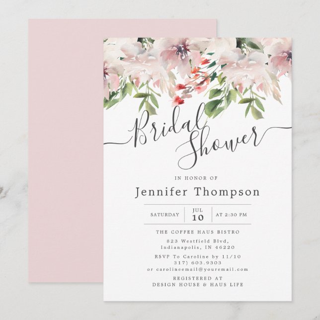 Blush Florals & Greenery Brautparty Einladung (Vorne/Hinten)