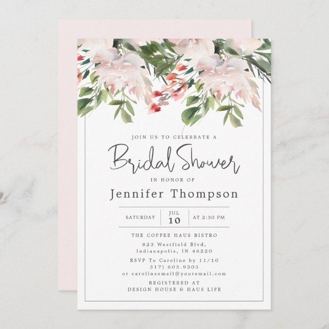 Blush Florals & Greenery Brautparty Einladung (Vorne/Hinten)