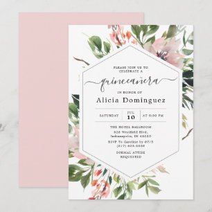 Blush Florals & Greenery Watercolor Quinceñera Einladung