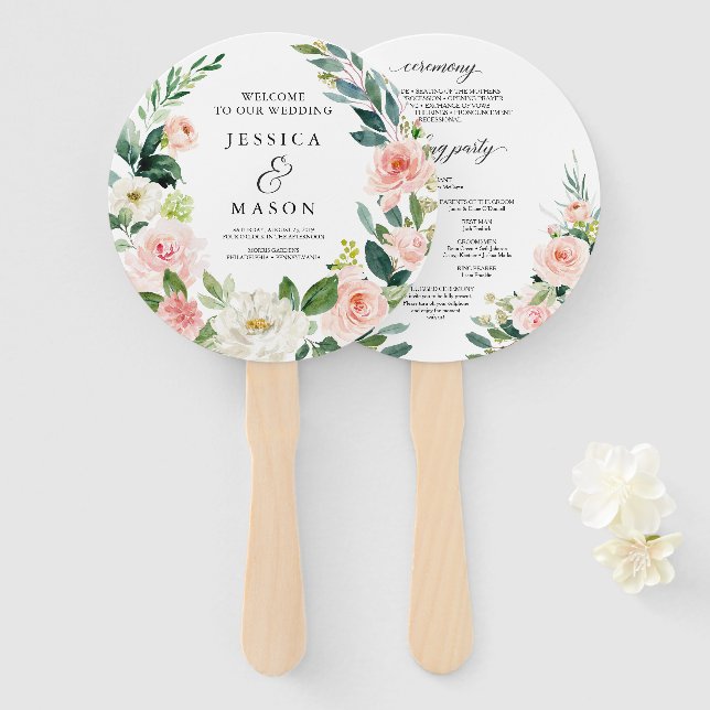 Blush Florals Round Wedding Program Fan Fächer (Vorne und Hinten)