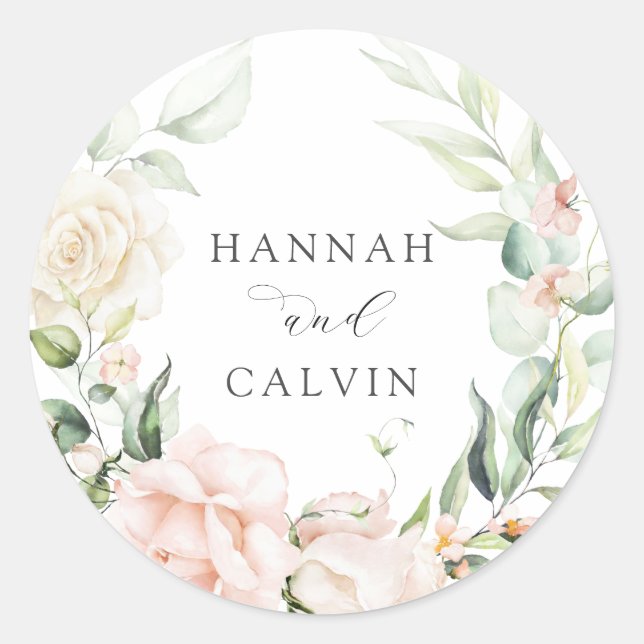 Blush Florals und Greenerity Wedding Runder Aufkleber (Vorderseite)