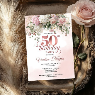 Blush Flowers Rose Gold Greenery 50th Birthday   Einladung