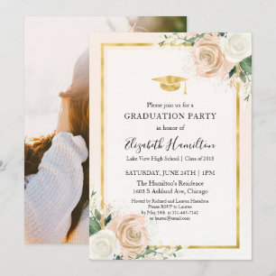 Blush & Foil Gold Florales Abschlussfeier-Foto Einladung