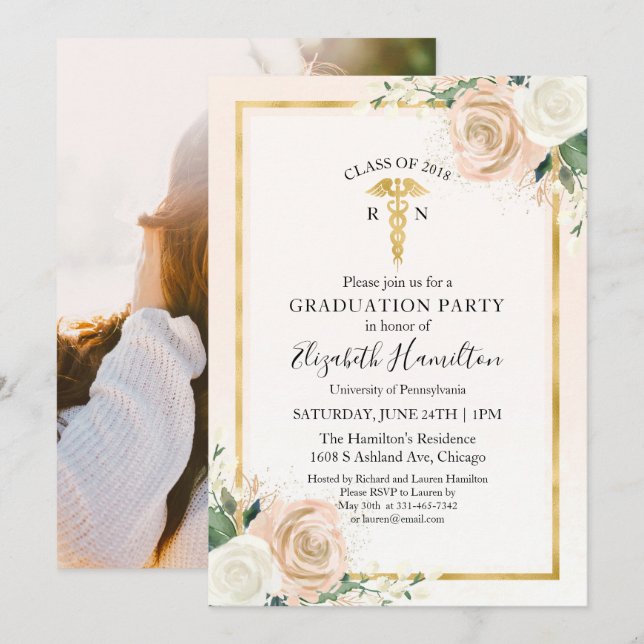 Blush & Foil Gold Krankenpflege Schule Grad Party  Einladung (Vorne/Hinten)