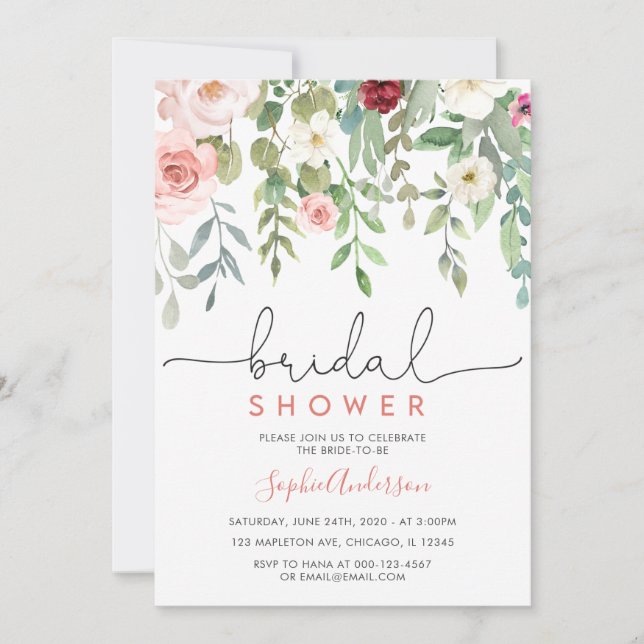 Blush Garden Bloral Elegantes Brautparty Einladung (Vorderseite)