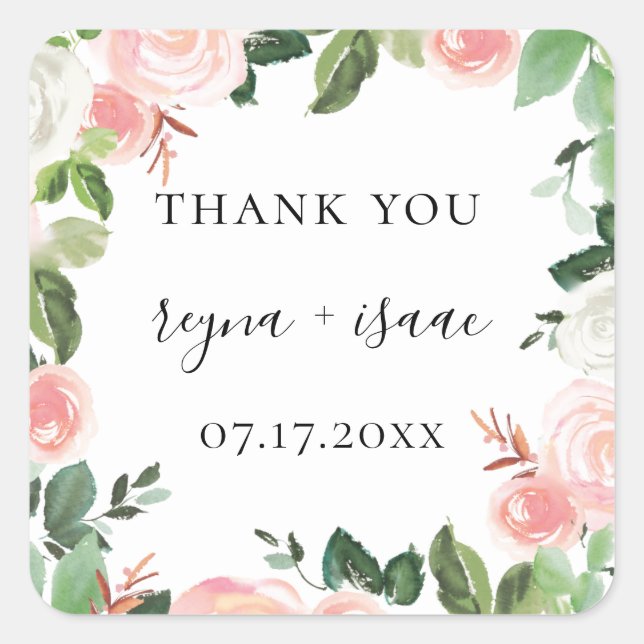 Blush Garden Blumenrahmen Gastgeschenk Hochzeit Quadratischer Aufkleber (Vorderseite)