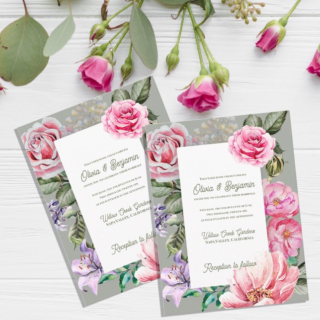Blush Garden Romantic Floral Wedding Invitation Postkarte (Blush Garden Floral Wedding Invitation | Romantic Rose Botanical Wedding Invitation Card)