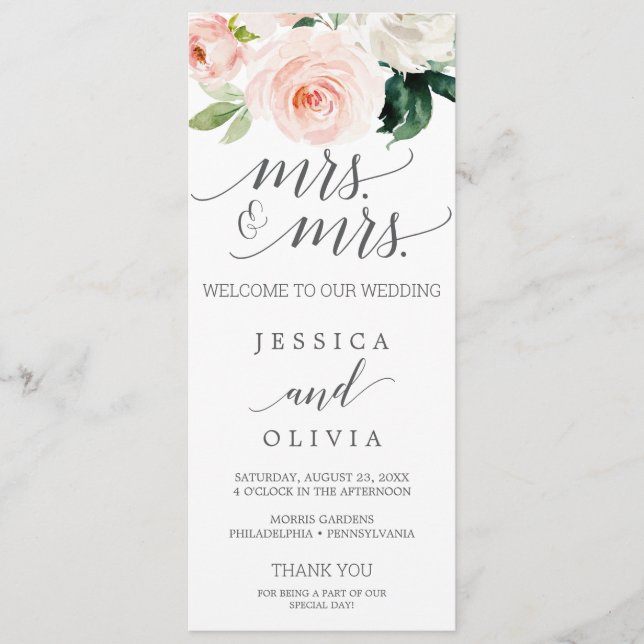 Blush Gay Wedding Programm Blushing Blooms Mrs. (Vorderseite)