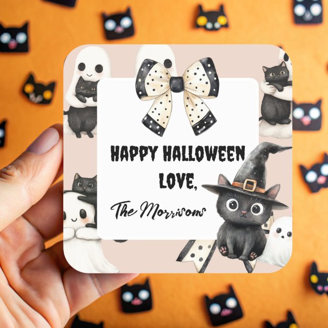 Blush Ghosts and Cats Halloween Square Sticker (Pink Cats and Ghosts Square Sticker)