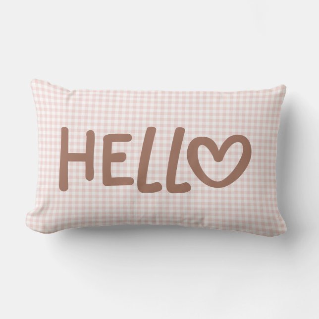 Blush Gingham Mocha Whimsical Heart Hello Lendenkissen (Vorderseite)