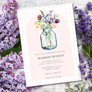 Blush Gingham & Wildblume Mason Jar Brautparty Einladung
