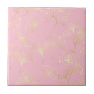 Blush Ginkgo Luxe – Gold Botanical auf Rosa (2) Fliese