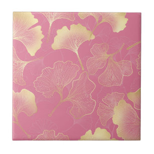 Blush Ginkgo Luxe – Gold Botanical auf Rosa (8) Fliese