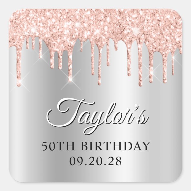 Blush Glitter Drips Silver Ombre Drop Shadow Quadratischer Aufkleber (Vorderseite)