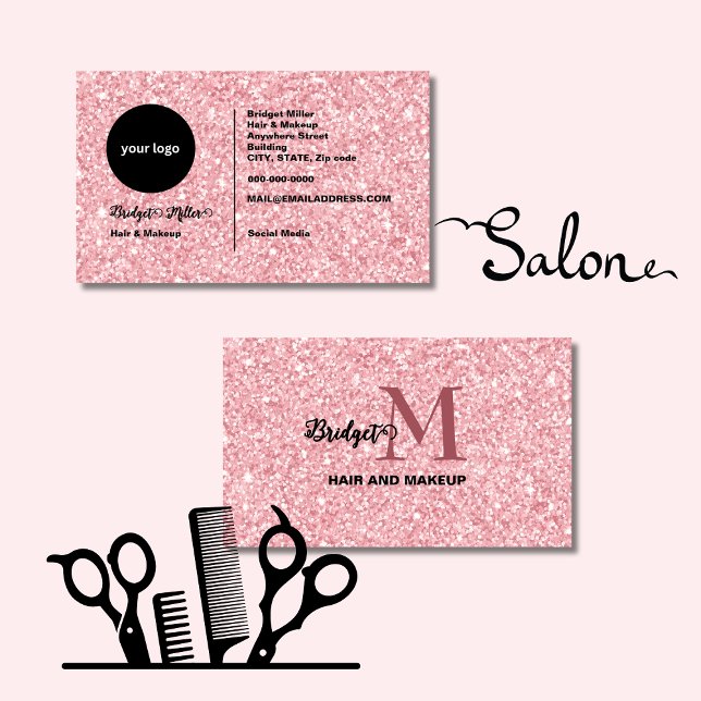 Blush Glitter hair Makeup monogram Logo Visitenkarte (Von Creator hochgeladen)