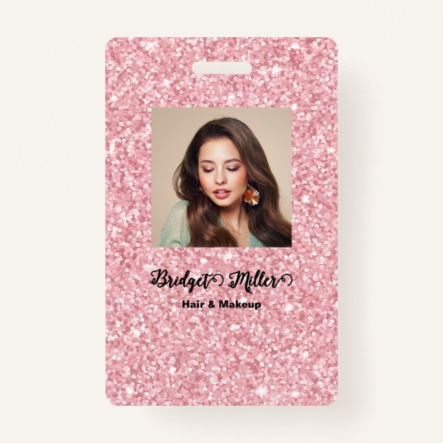 Blush Glitter hair salon elegant script photo Ausweis (Vorderseite)