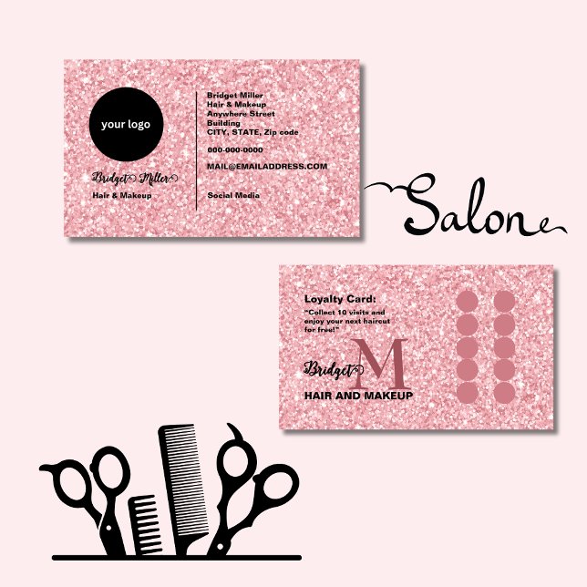 Blush Glitter hair salon monogram Logo Treuekarte (Von Creator hochgeladen)