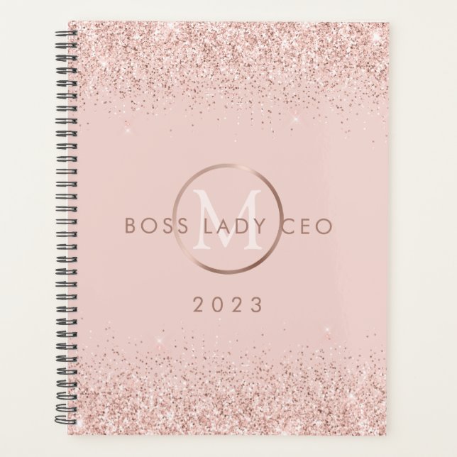 Blush Glitzer Boss Lady CEO Personalisiert 2023 Planer (Vorderseite)