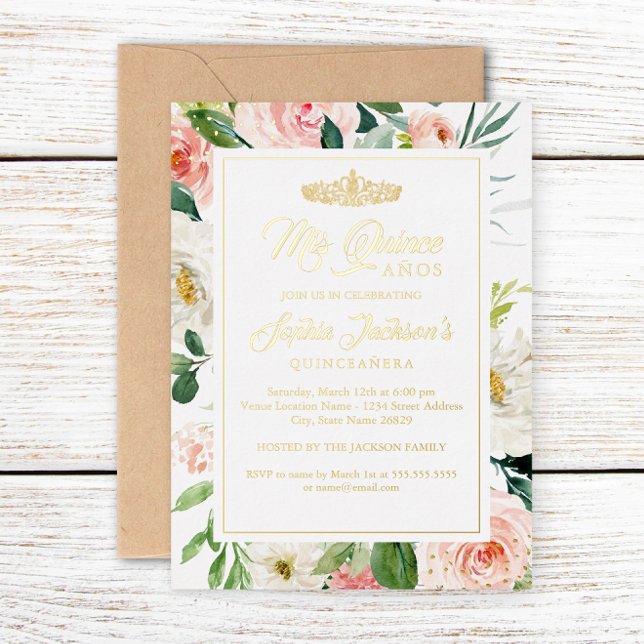 Blush Gold Aquarellfarben Quinceanera Folieneinladung (Von Creator hochgeladen)