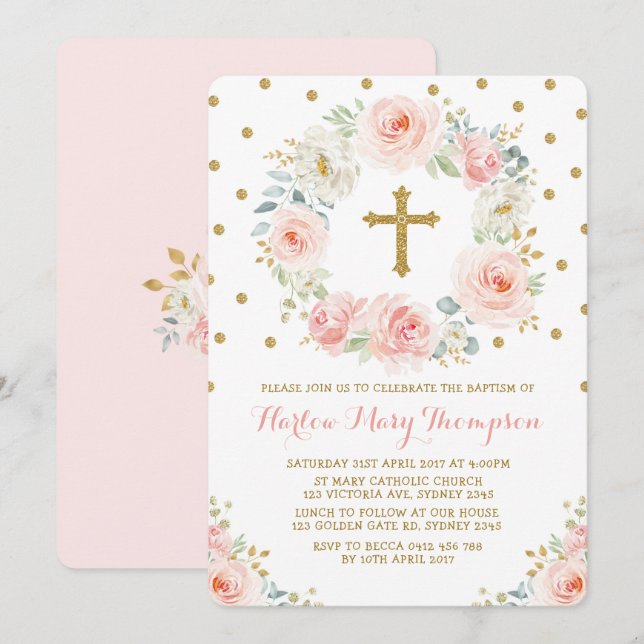Blush Gold Aquarelltaufe Einladung (Vorne/Hinten)