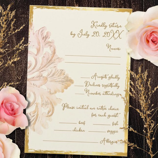 Blush Gold Baroque Vintage Elegance RSVP Karte (Elegant baroque RSVP card in gold and blush tones with ornate flourishes and refined vintage charm.)