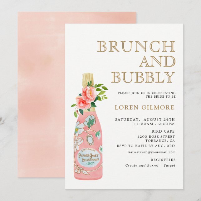 Blush Gold Bloral Brunch und Bubbly Brautparty Einladung (Vorne/Hinten)