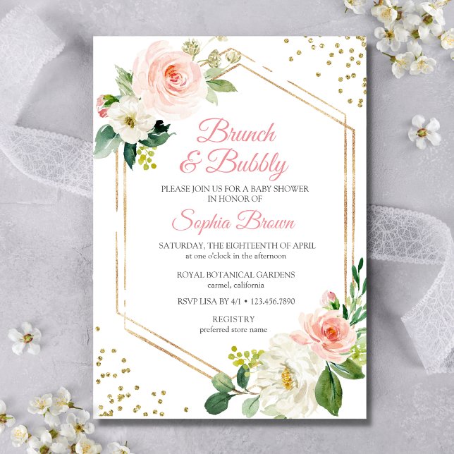 Blush Gold Blumenbrunch und Brautparty Einladung (Pink Floral Brunch and Bubbly Invitation)