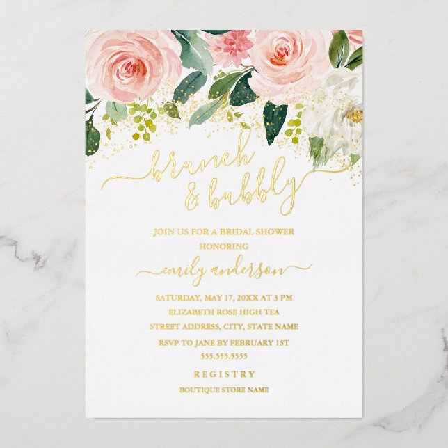 Blush Gold Blumenbrunch und Brautparty Folieneinladung (Vorderseite)