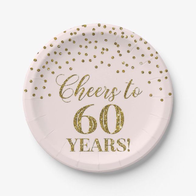 Blush Gold Confetti freut sich auf 60 Jahre Geburt Pappteller (Vorderseite)