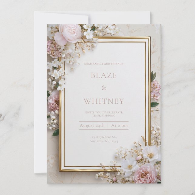 Blush & Gold Elegante Hochzeit mit floralen Einflü Einladung (Vorderseite)