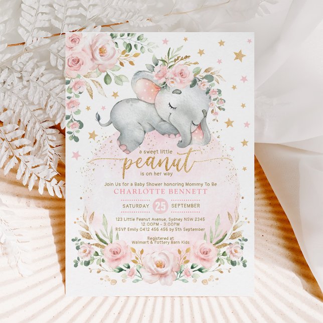 Blush Gold Elephant Blumenmoon Stars Baby Dusche Einladung (Von Creator hochgeladen)