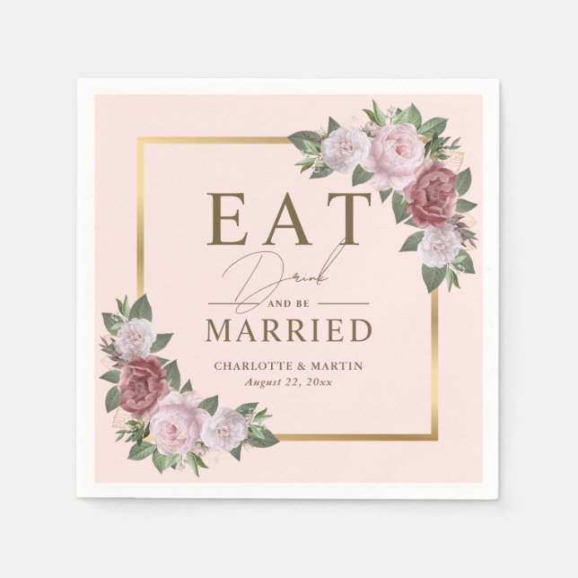 Blush Gold essen Drink und Verheiratete Blumenhoch Serviette (Vorderseite)