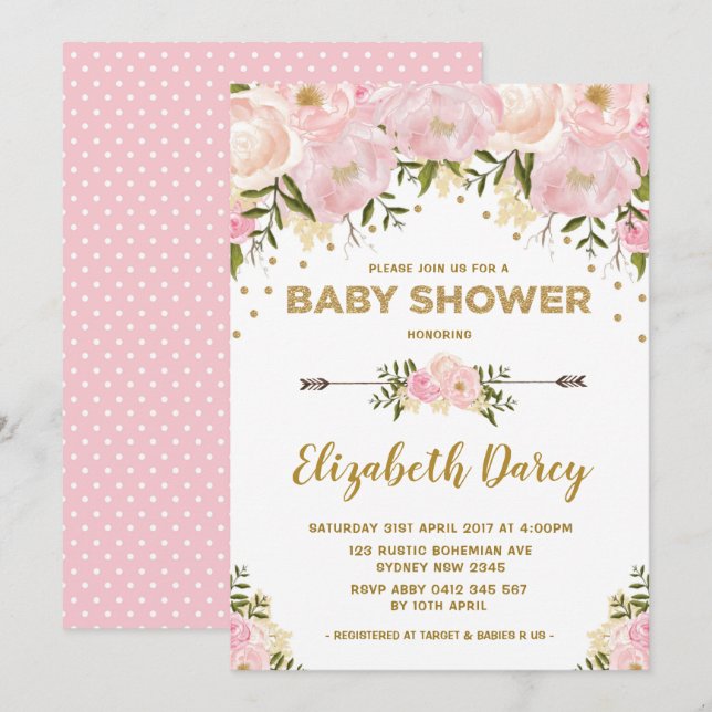 Blush Gold Floral Baby Dusche Hütte Chic Einladung (Vorne/Hinten)
