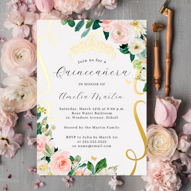 Blush Gold Floral Blume Scroll Quinceanera Folieneinladung (Von Creator hochgeladen)