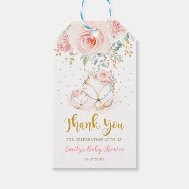 Blush Gold Floral Boho Fox Baby Dusche Danke Geschenkanhänger (Vorderseite)