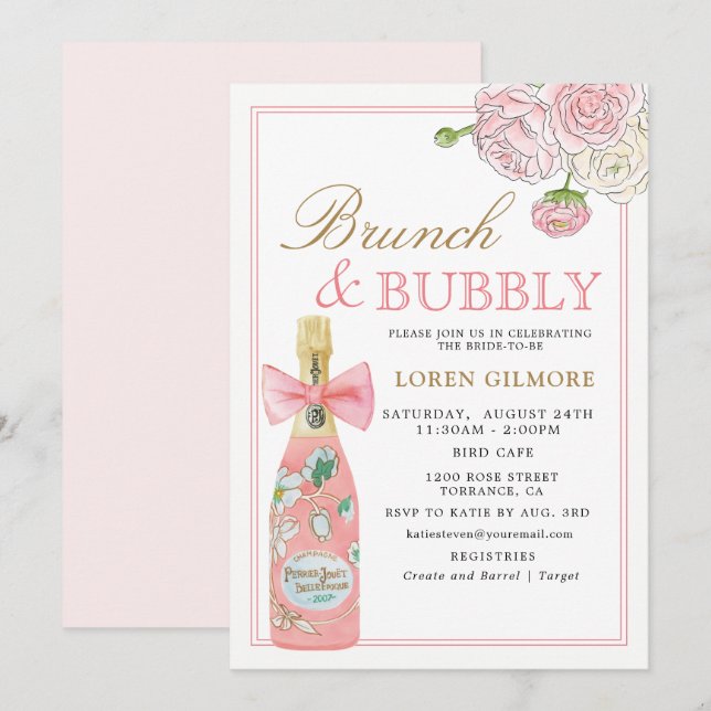 Blush Gold Floral Champagner Brunch und Bubbly Einladung (Vorne/Hinten)