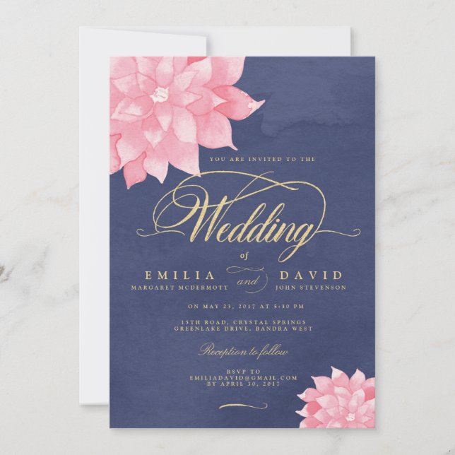 Blush Gold Floral Dahlia Hochzeit Einladung (Vorderseite)