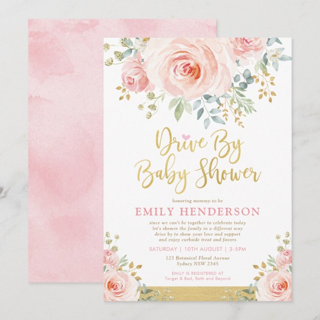 Blush Gold Floral Drive by Baby Shower Quarantäne Einladung (Vorne/Hinten)