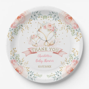 Blush Gold Floral Fox Boho Woodland Babydusche Pappteller