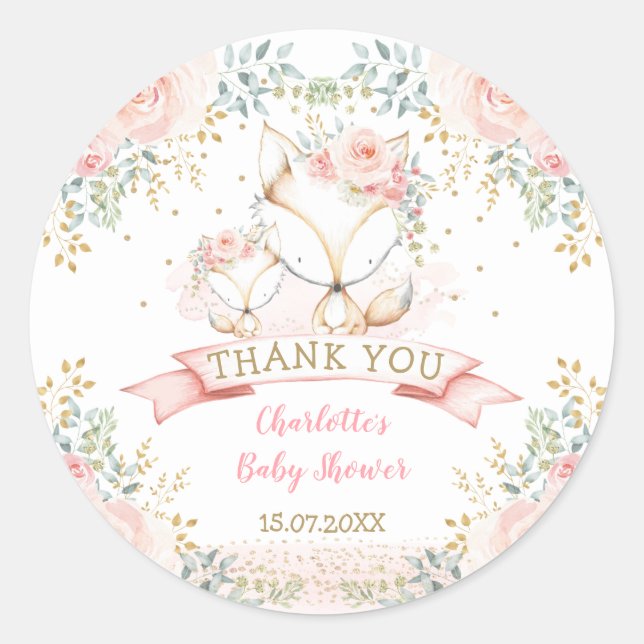 Blush Gold Floral Fox Boho Woodland Babydusche Runder Aufkleber (Vorderseite)