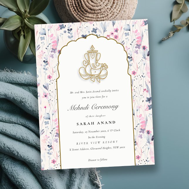 Blush Gold Floral Ganesh Indian Wedding Mehndi Begleitkarte (Von Creator hochgeladen)