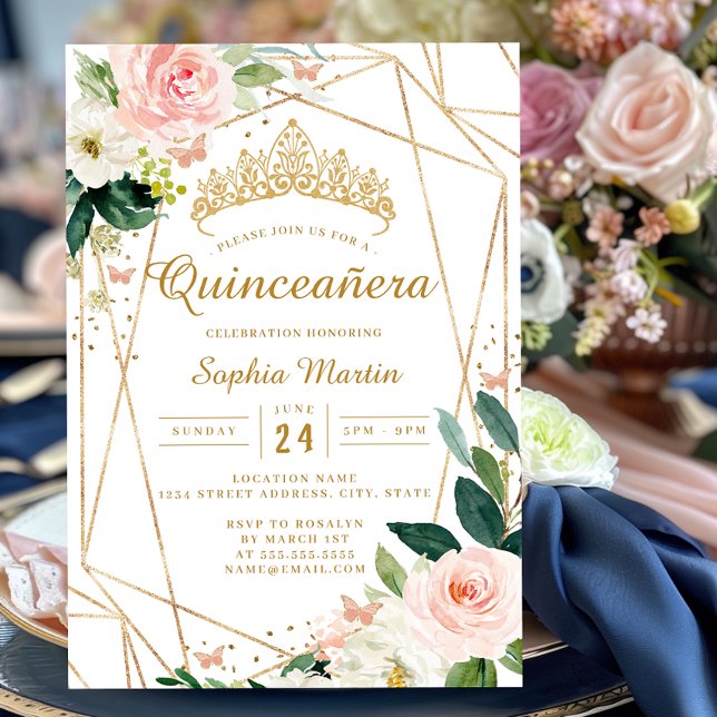 Blush Gold Floral Geometric Butterfly Quinceanera Einladung (Von Creator hochgeladen)