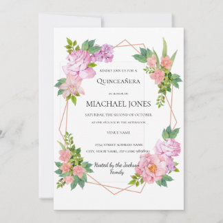 Blush Gold Floral Geometric Quinceanera Einladung