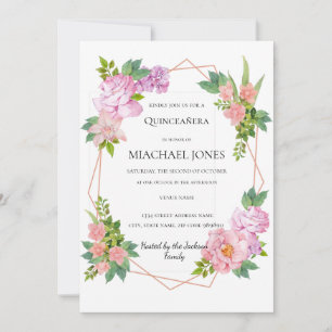Blush Gold Floral Geometric Quinceanera Einladung