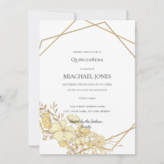 Blush Gold Floral Geometric Quinceanera Einladung
