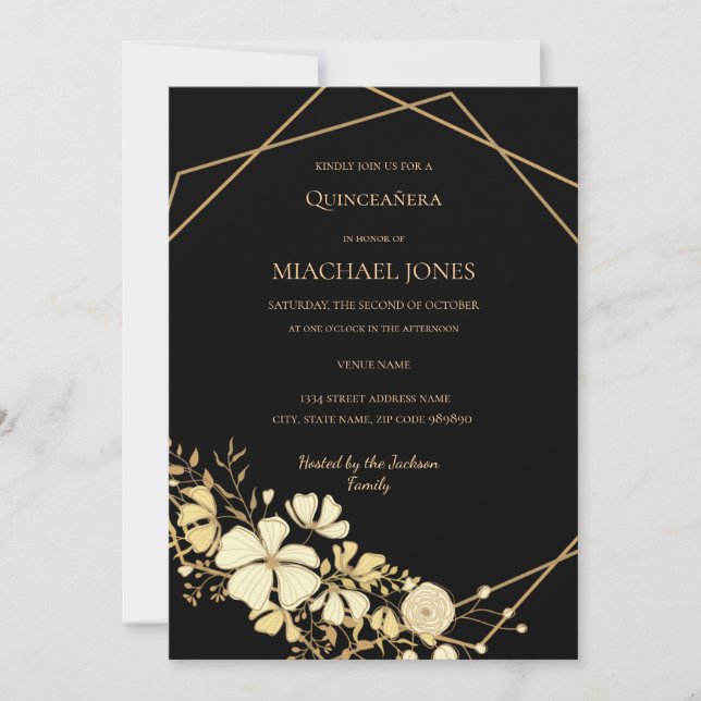 Blush Gold Floral Geometric Quinceanera Einladung (Vorderseite)
