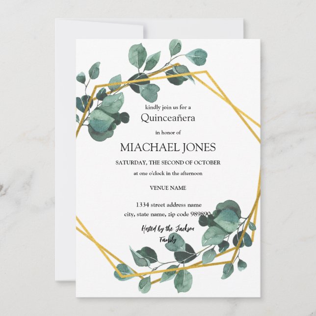 Blush Gold Floral Geometric Quinceanera Einladung (Vorderseite)