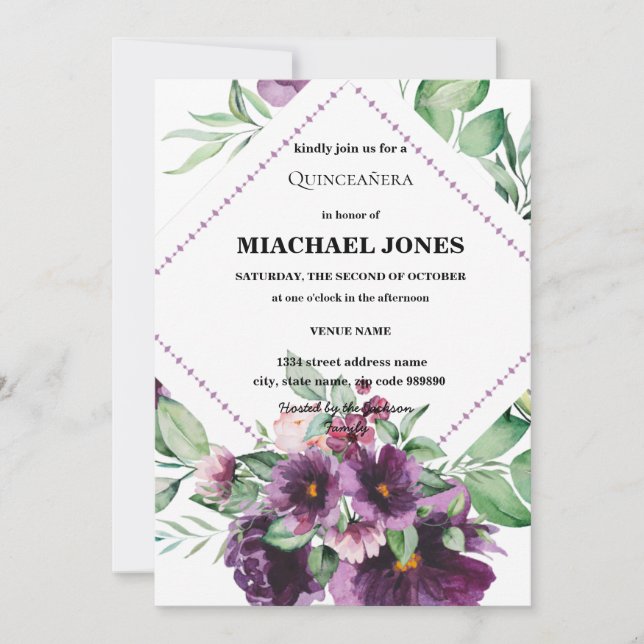 Blush Gold Floral Geometric Quinceanera Einladung (Vorderseite)